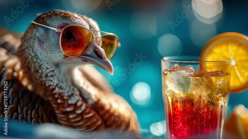 Humorous scene of a bird wearing sunglasses beside a refreshing cocktail