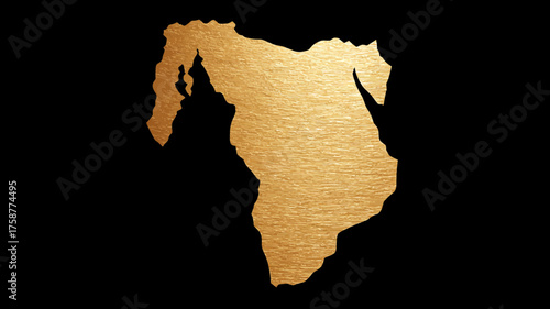 Elegant gold foil map outline of the Middle East and North Africa on a dark background, rich textured illustration.