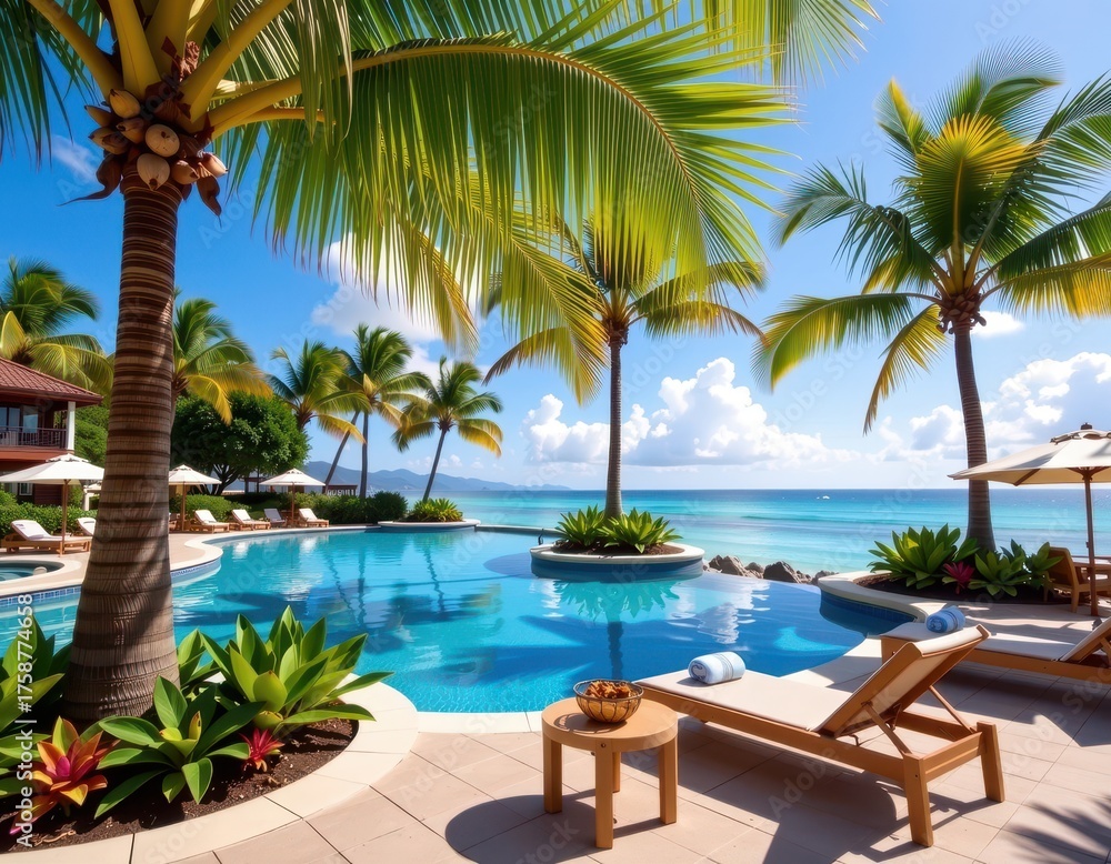 Fototapeta premium Lush palm trees sway gently beside a serene pool at a luxurious tropical resort, summer, clear