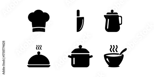 Black cooking icons including chef hat, knife, coffee and tea pot, food tray, pot, and steaming bowl. Minimal silhouette design for restaurant, cafe, or culinary projects.