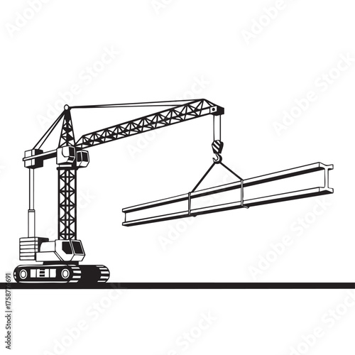 A powerful tracked crane precisely lifts a long steel I-beam, symbolizing the critical work of heavy construction, industrial development, and engineering.