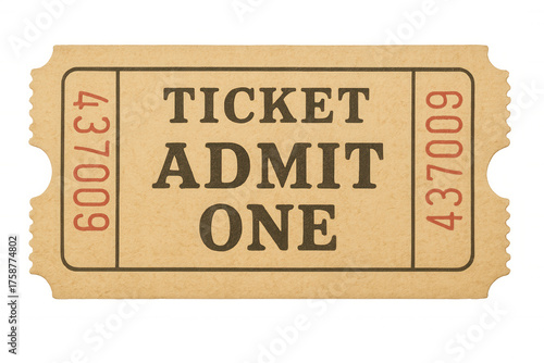 Vintage admit one ticket inviting single entry to events and entertainment, transparent background