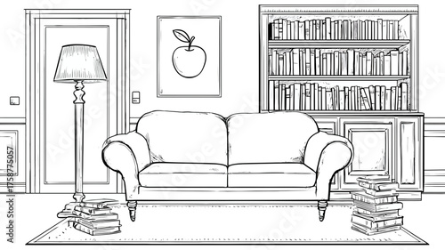 Black and white hand-drawn illustration of a cozy living room with a comfortable sofa, full bookshelf, and reading lamp. Home interior sketch.