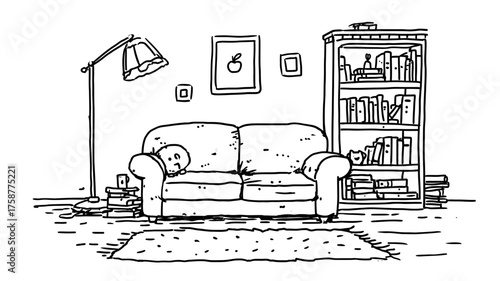 Hand-drawn line art illustration of a cozy living room interior with a comfortable sofa, floor lamp, bookshelf, and decor.