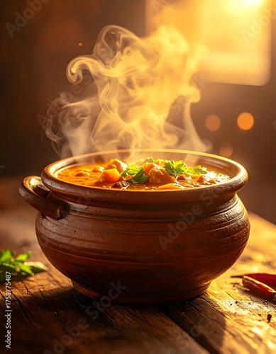 Steaming bowl of hot curry on rustic wooden table