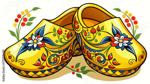 Very beautiful yellow Dutch clogs featuring intricate hand-painted floral designs, showcasing traditional craftsmanship and cultural heritage, a perfect blend of art, history, and timeless European 