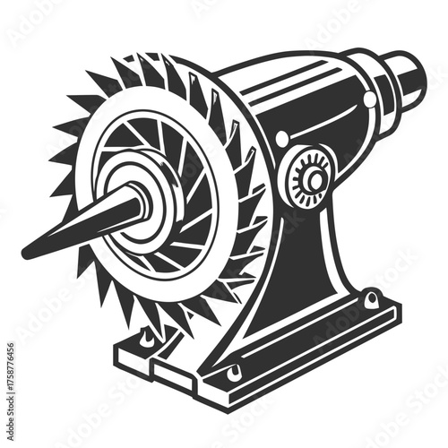 Black and white illustration of a vintage grinding machine