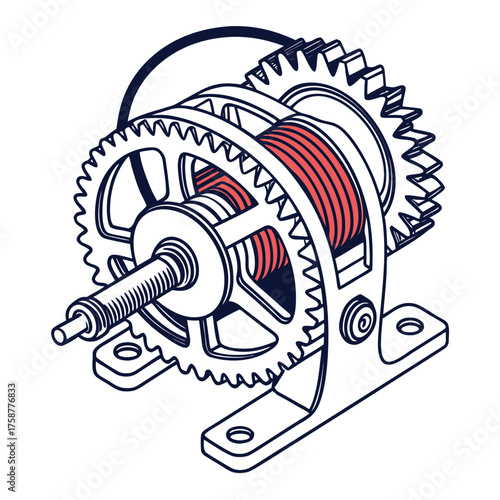 Illustration of a mechanical winch with gears and a spool of red cable