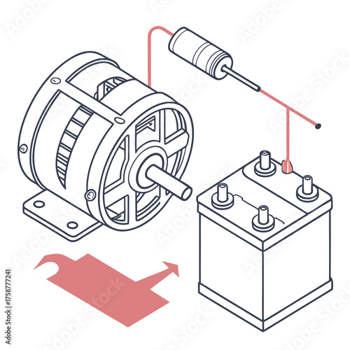 Schematic diagram of a generator connected to a battery