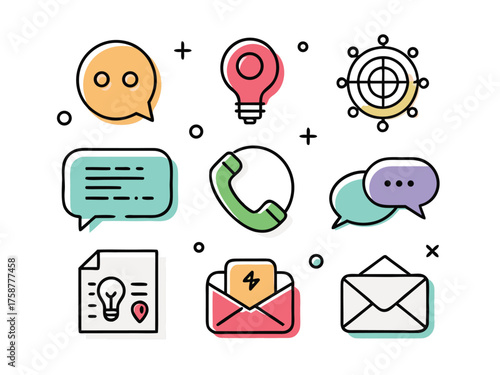 Colorful Line Art Icons Depicting Communication Ideas And Networking Concepts