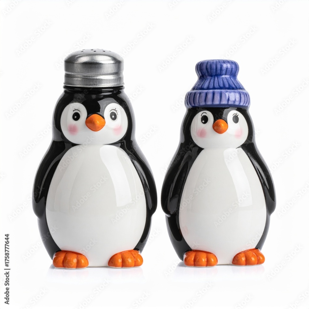 Fototapeta premium Two Ceramic Penguin Figurines in Blue Hat on White Background
