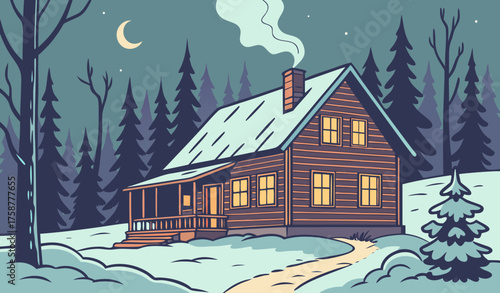 Wooden cabin in snow forest