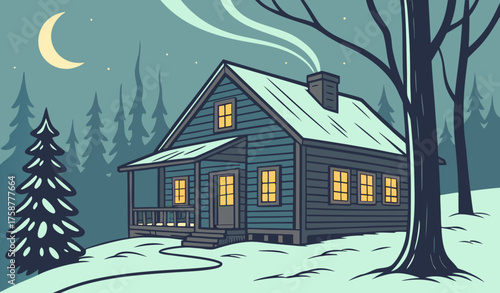 Wooden cabin in snow forest