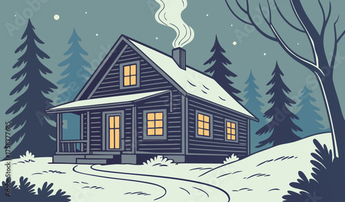 Wooden cabin in snow forest