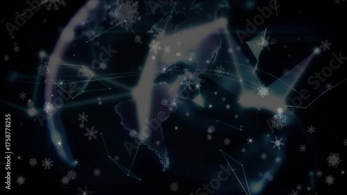 Glow brightening leading palm rising and supporting holographic globe amid snowflakes and lines