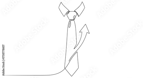 Minimalist single line drawing of a necktie transforming into an upward arrow, professional growth symbol