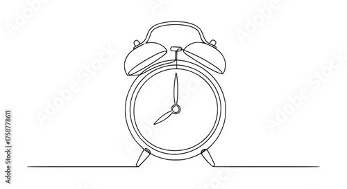 Minimalist continuous line art of a classic alarm clock, round face and twin bell design