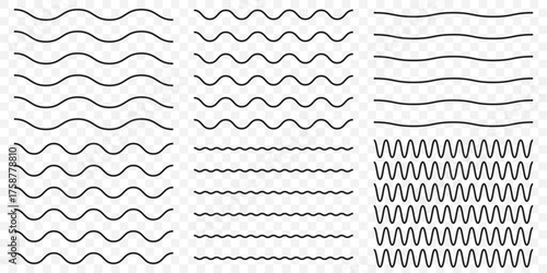 Wave line and wavy zigzag pattern lines. Vector black underlines, Geometric decoration element. smooth end squiggly horizontal, squiggles on Transparent background. EPS 10.