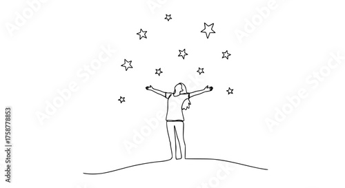 Single line drawing of a person reaching for stars, minimalist inspirational art