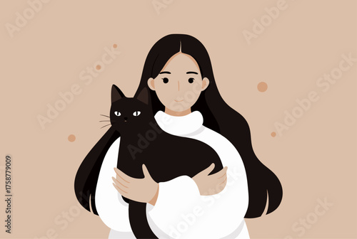 Young Woman Cuddling Black Cat - Minimalist Portrait
