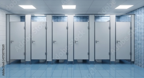 Row of restroom stalls with white doors in public bathroom