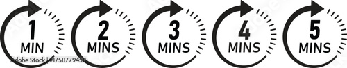 1 to 5 Minutes Time Duration Icons Set - Loading, Wait, Loop, and Workflow Process Vector