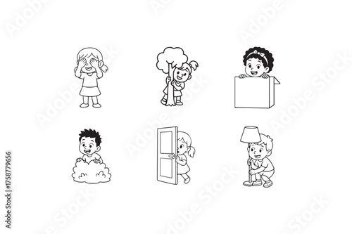 Line art different children cartoon simple kids playing hide and seek bundle of six unique funny vector illustrations isolated on white background.