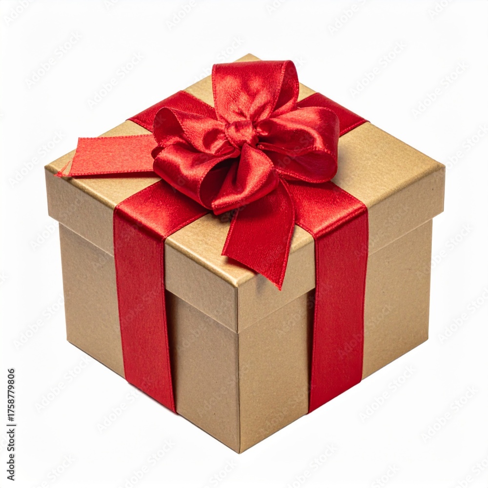 Obraz premium Golden Gift Box with Red Ribbon Bow Isolated on White Background