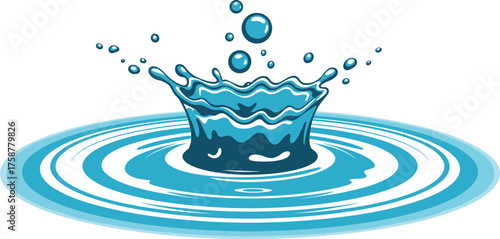 Vibrant vector illustration of blue water splash with ripples, liquid drop motion, purity, freshness, clean nature and eco concept design