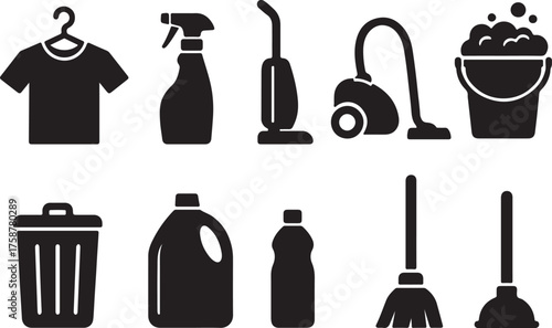 Collection of cleaning icons representing household chores and hygiene supplies for a tidy home