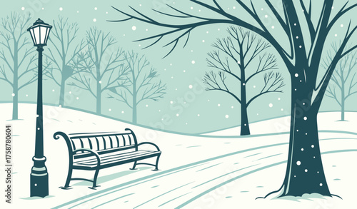  "Park bench covered with snow under bare trees, gentle snowfall, cold quiet winter day, solitude and peaceful atmosphere."