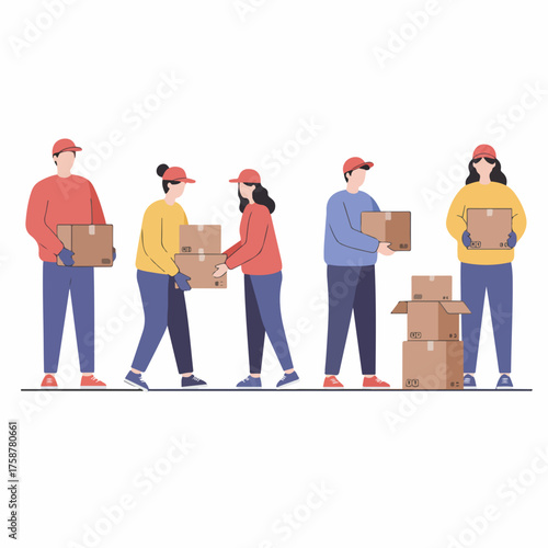Flat Style Illustration Group of People Delivering Packages Delivery Service
