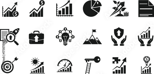 Collection of business and finance icons representing growth success strategy and data analysis isolated on transparent background