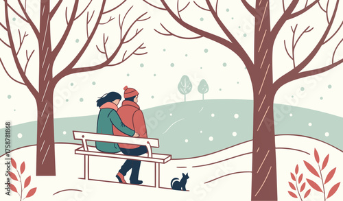 "Couple sitting close together on a snow-covered park bench under bare trees, gentle snowfall around them, their small cat resting on the woman’s lap, cold quiet winter day with soft natural light, pe