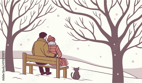 "Couple sitting close together on a snow-covered park bench under bare trees, gentle snowfall around them, their small cat resting on the woman’s lap, cold quiet winter day with soft natural light, pe