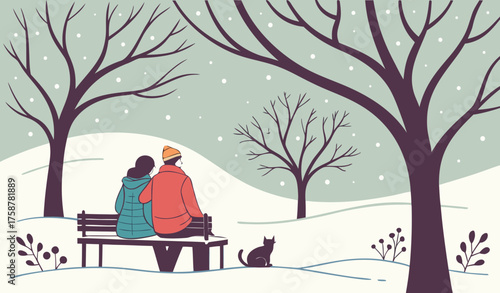 "Couple sitting close together on a snow-covered park bench under bare trees, gentle snowfall around them, their small cat resting on the woman’s lap, cold quiet winter day with soft natural light, pe