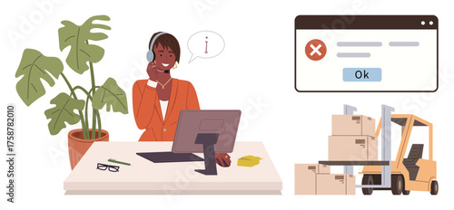 Customer support representative assisting via headset at desk, pop-up window error alert, forklift moving stacked boxes, plant decor. Ideal for customer service, technical support, logistics, online