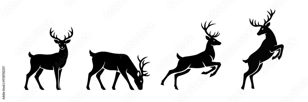 Obraz premium Deer Silhouette Set. Wild Deer Collection in Different Poses – Standing, Grazing, Jumping, and Rearing. Vector Illustration of Reindeer and Stag for Christmas, Nature, and Wildlife Design.