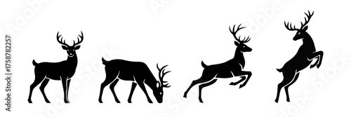 Deer Silhouette Set. Wild Deer Collection in Different Poses – Standing, Grazing, Jumping, and Rearing. Vector Illustration of Reindeer and Stag for Christmas, Nature, and Wildlife Design.
