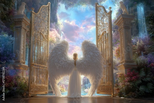 Angel with large white wings stands before ornate golden gates, surrounded by vibrant flowers and lush greenery, under a bright sky with clouds and sun rays illuminating the scene