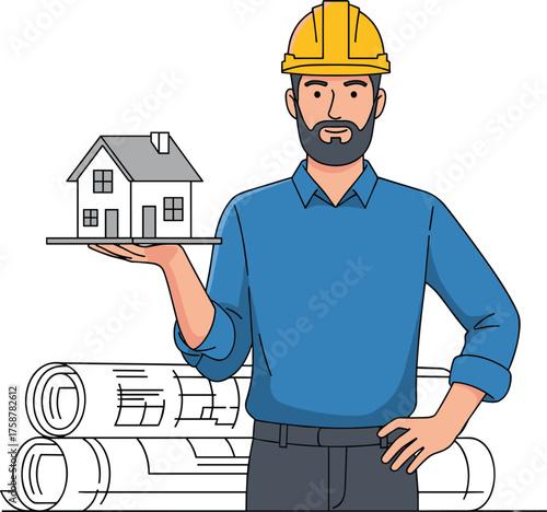 Smiling Architect or Engineer Holding a House Model with Rolled Blueprints Vector Illustration