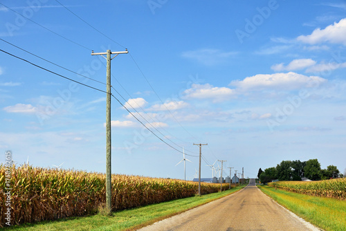 An empty, unpaved country road splices between cornfields as it leads to a distant and rare hill at the horizon in north central Illinois. 