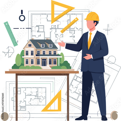 Architect or Engineer Presenting House Model and Blueprint with Construction Tools Vector Illustration