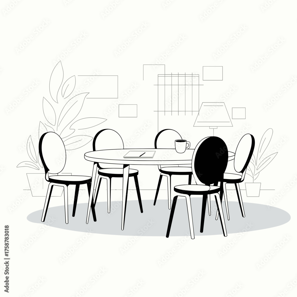 Fototapeta premium Minimal black and white vector of meeting table with chairs – Perfect for corporate branding, coworking, or business planning content.