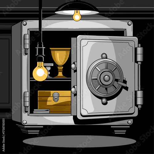 Black and white vector of vault interior with valuables – Ideal for wealth management, banking, or treasure security content.