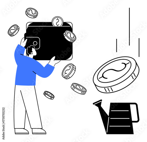 Person holding wallet with coins, watering can nearby indicating nurturing wealth. Ideal for savings, budgeting, finance management, investment, entrepreneurship, growth wealth-building. A simple