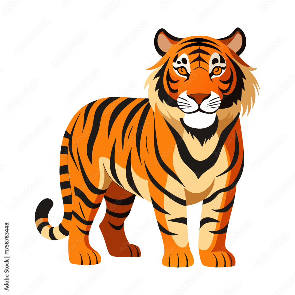Obraz premium Illustration of a cartoon tiger standing with black stripes and orange fur for wildlife art