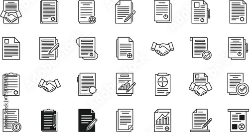 Collection of document icons representing contracts agreements legal papers and official records isolated on transparent background
