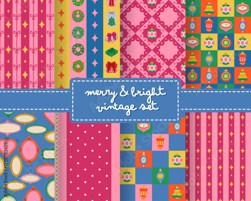 Retro Christmas seamless patterns in bright pink, blue, and gold tones. Festive vintage wrapping paper set with ornaments, stars, and bows, perfect for holiday packaging, crafts, and winter projects.