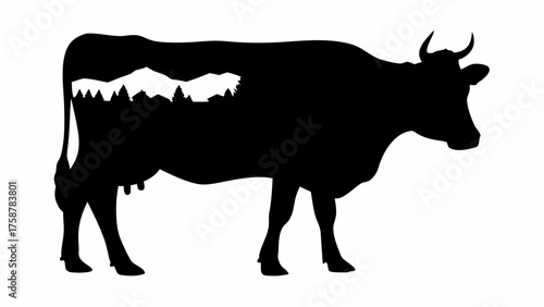 Stunning black silhouette of a cow filled with trees and mountains on the farm, a rural scene